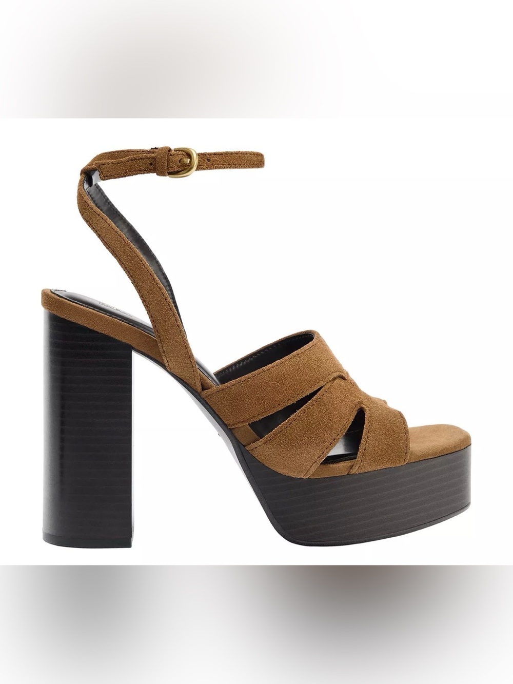Zara NWOT Women’s Split Leather Brown Platform Sandal with Ankle Strap